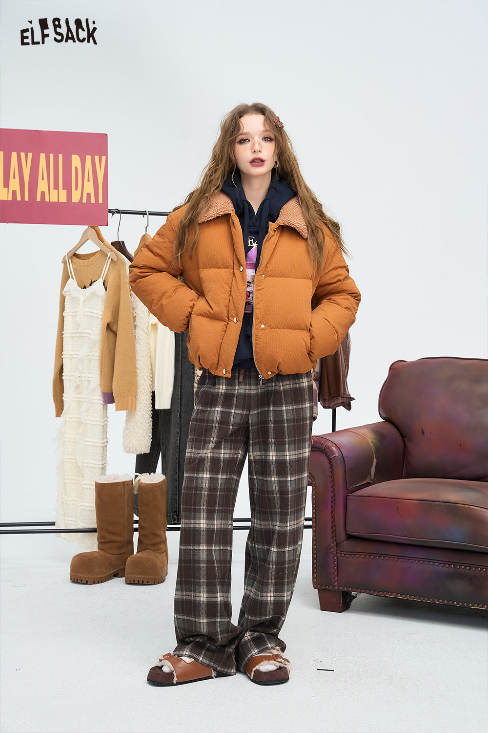ELFSACK Mao collar splicing casual versatile short down jacket