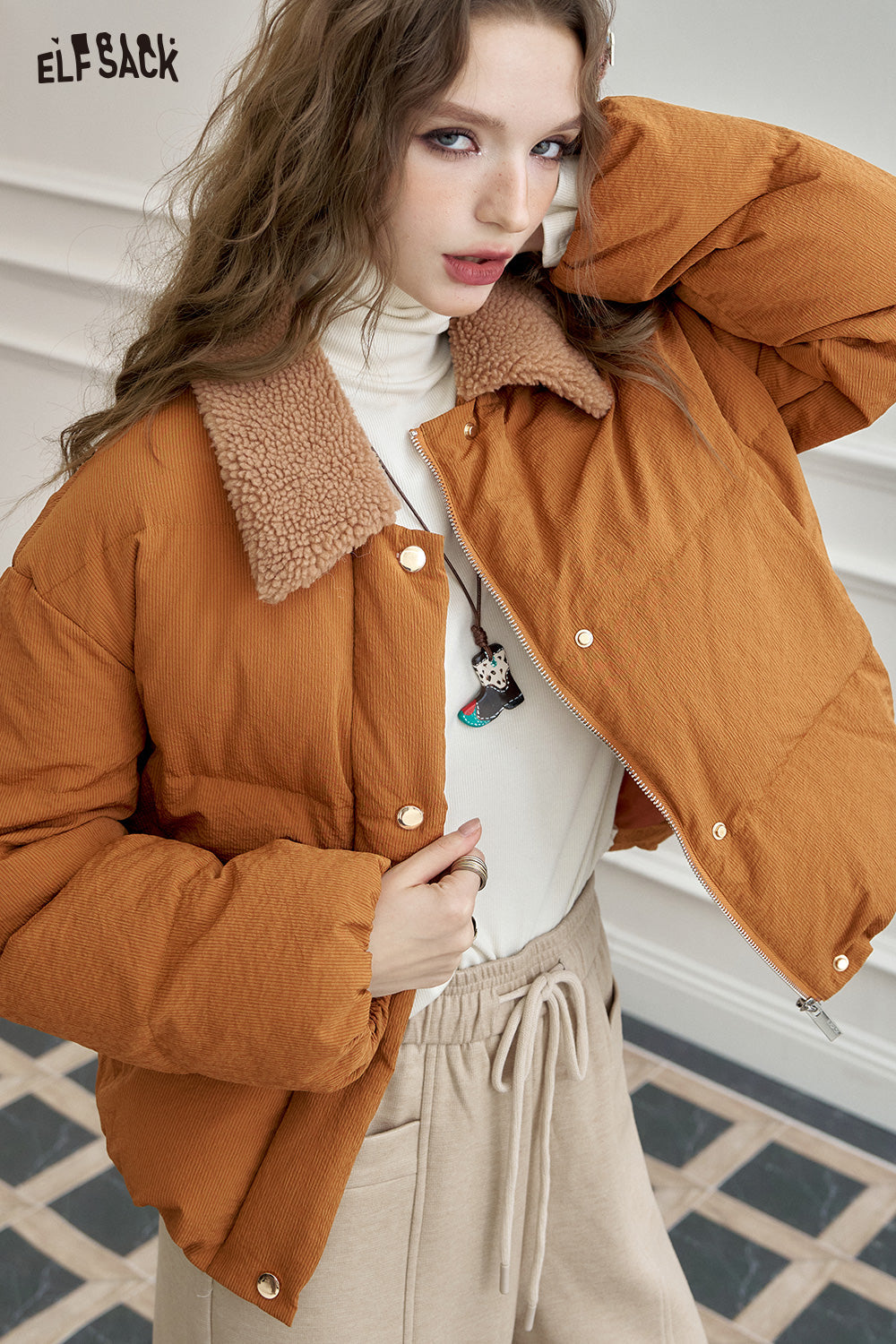ELFSACK Mao collar splicing casual versatile short down jacket