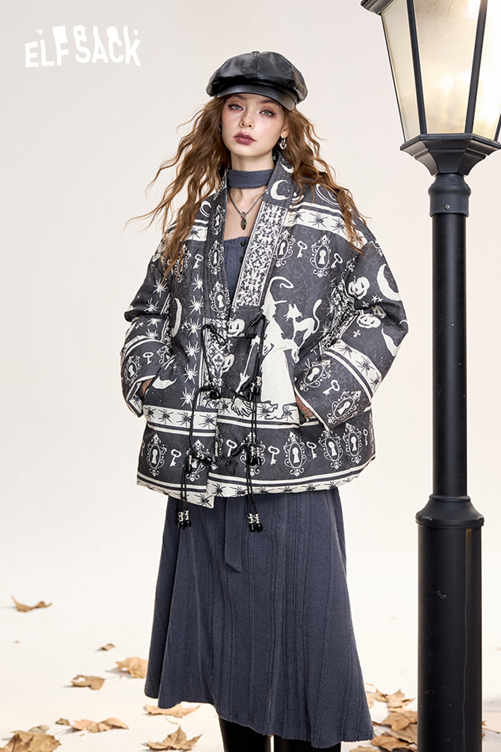 ELFSACK Neo-Chinese style original jacquard full print V-neck thickened jacket with button loops