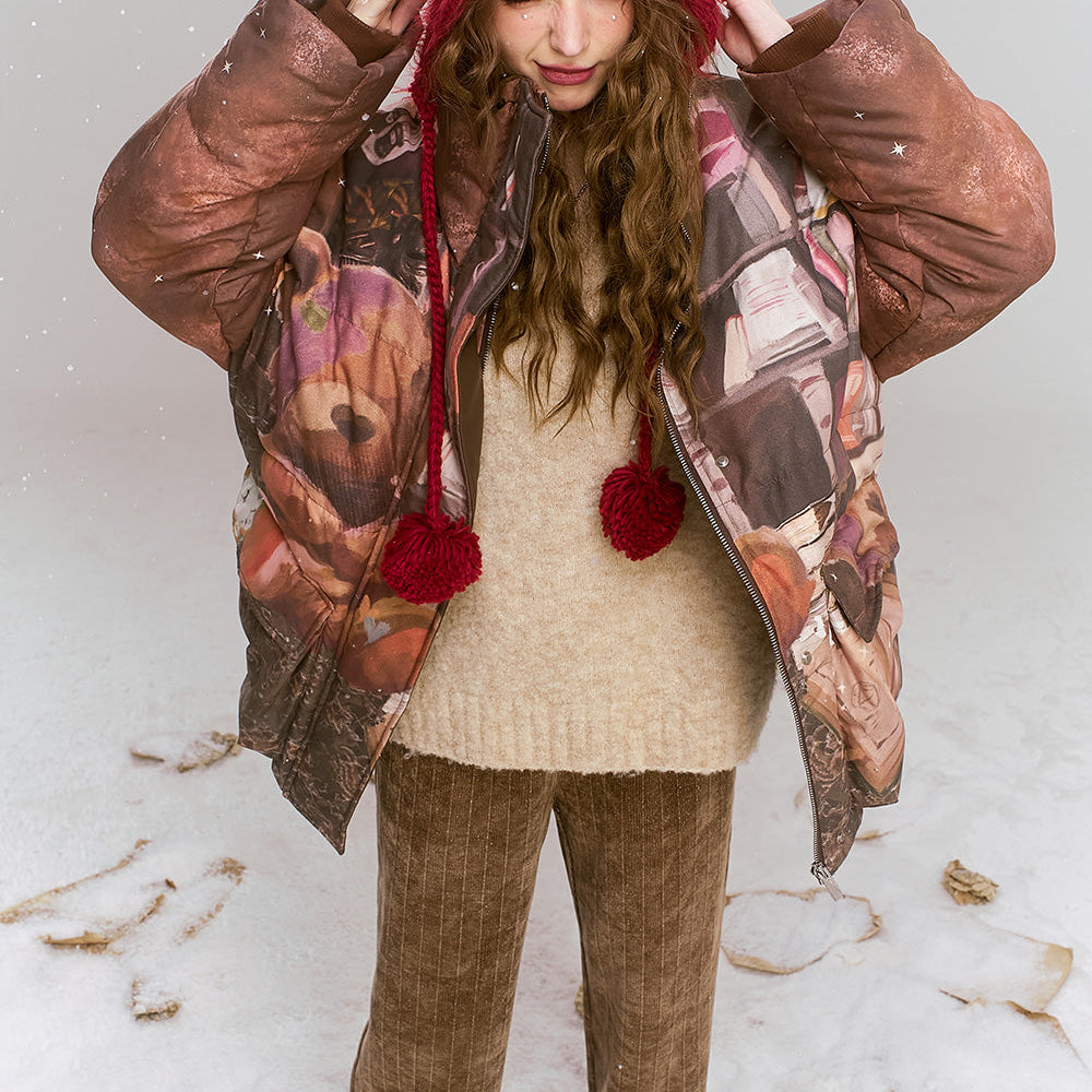 ELFSACK 2024 Winter New Arrivals Maillard retro printed short standing collar warm down jacket