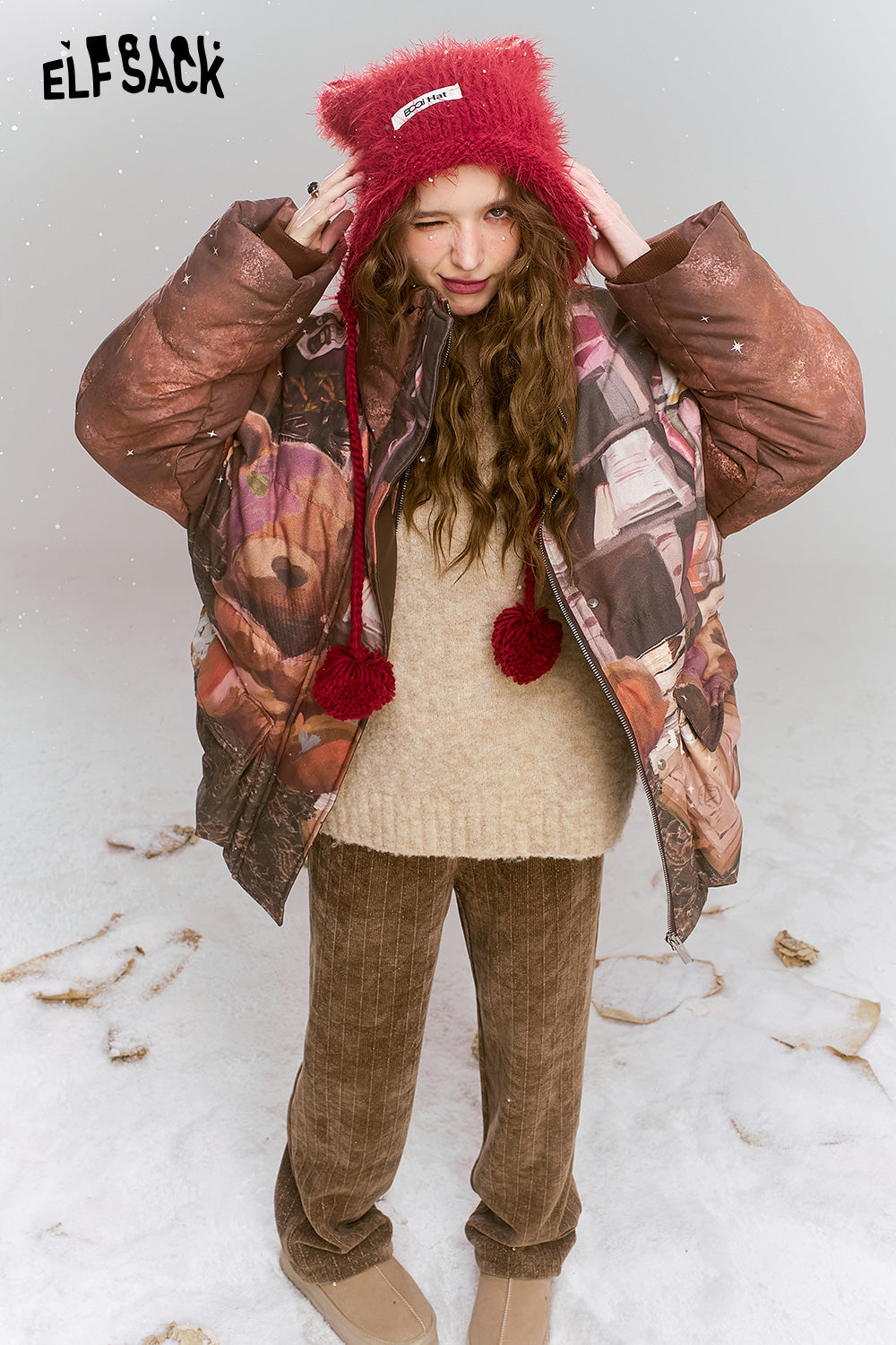 ELFSACK 2024 Winter New Arrivals Maillard retro printed short standing collar warm down jacket