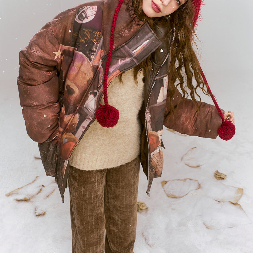 ELFSACK 2024 Winter New Arrivals Maillard retro printed short standing collar warm down jacket