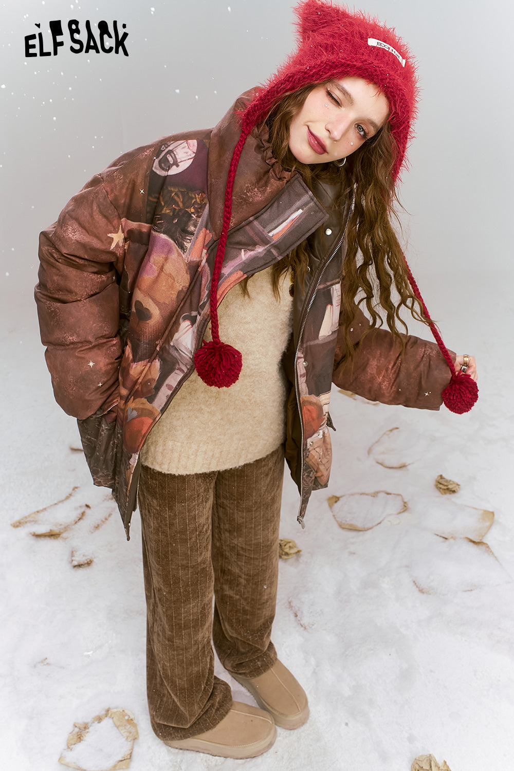 ELFSACK 2024 Winter New Arrivals Maillard retro printed short standing collar warm down jacket