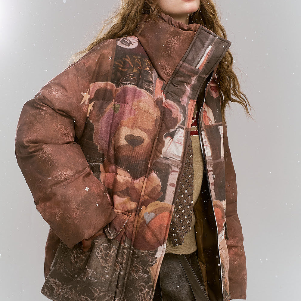 
                  
                    ELFSACK 2024 Winter New Arrivals Maillard retro printed short standing collar warm down jacket
                  
                