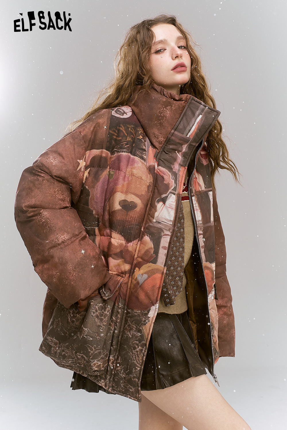 ELFSACK Maillard retro printed short standing collar warm down jacket