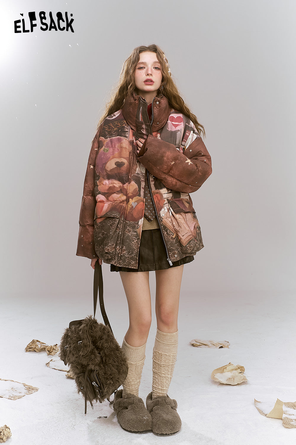 ELFSACK Maillard retro printed short standing collar warm down jacket