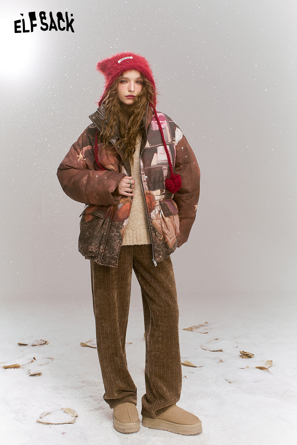 ELFSACK Maillard retro printed short standing collar warm down jacket