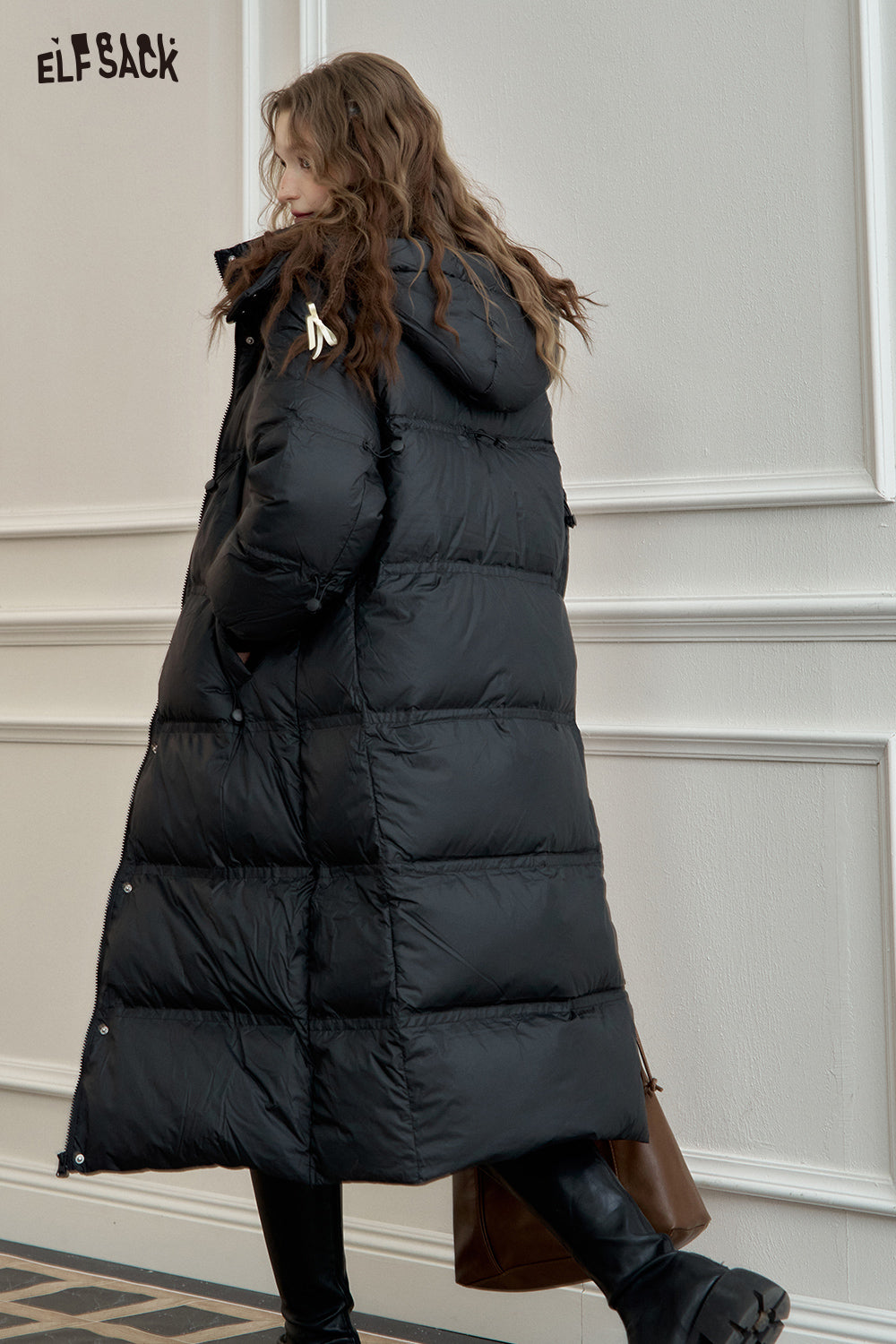 ELFSACK 90% White Duck Down Long Hooded Puffer Coat Loose Fit