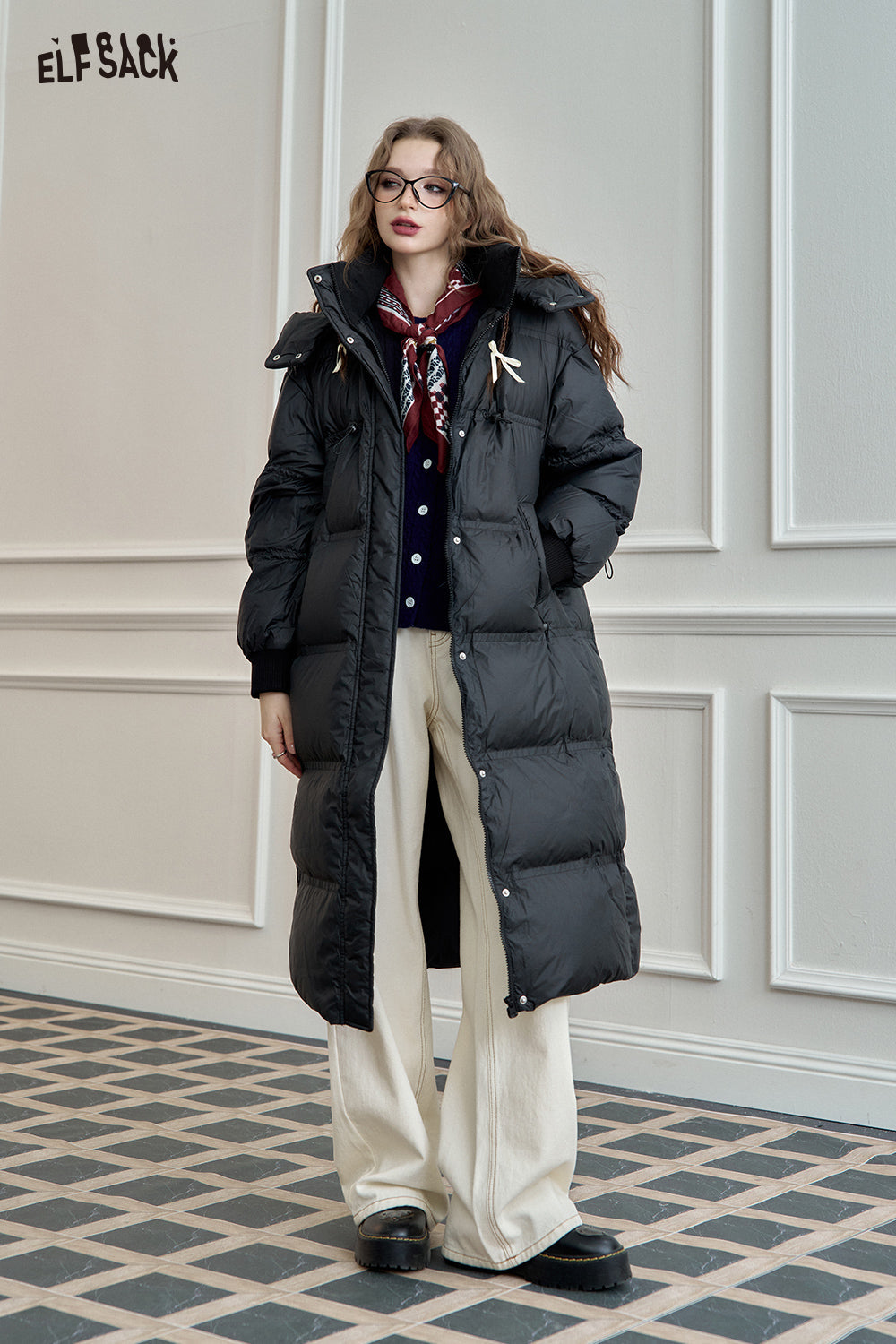 ELFSACK 90% White Duck Down Long Hooded Puffer Coat Loose Fit
