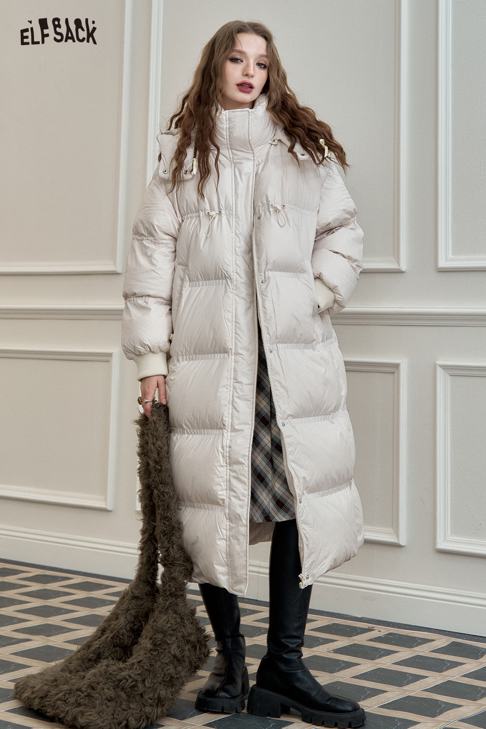 ELFSACK 90% White Duck Down Long Hooded Puffer Coat Loose Fit