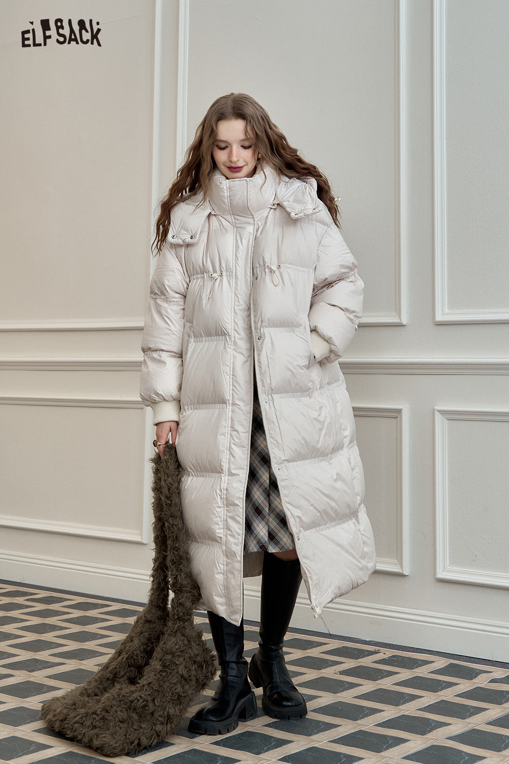 ELFSACK 90% White Duck Down Long Hooded Puffer Coat Loose Fit
