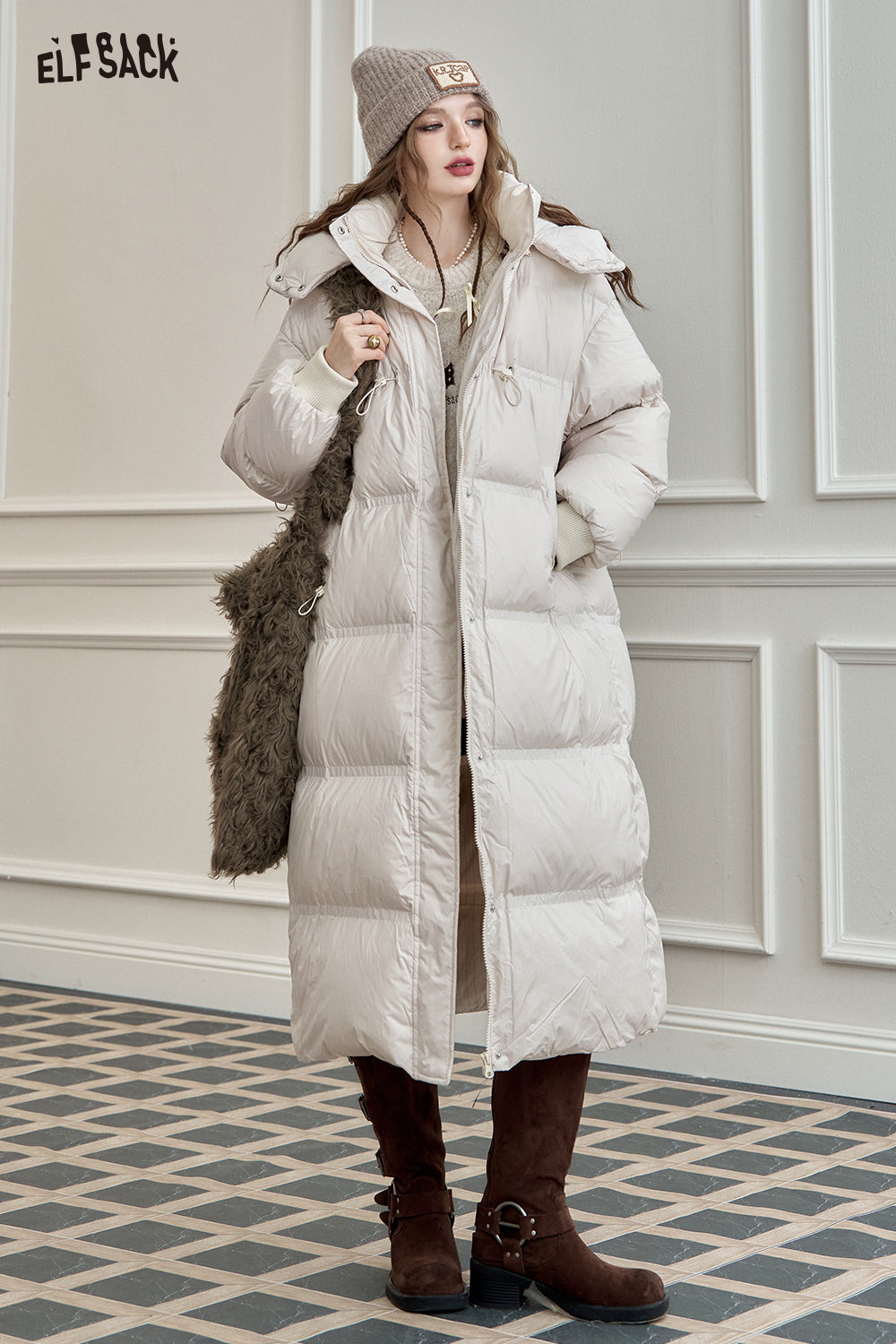 ELFSACK 90% White Duck Down Long Hooded Puffer Coat Loose Fit