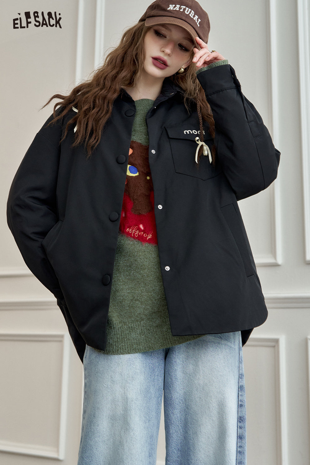 ELFSACK Lightweight Shirt-Style Down Jacket White Duck Down Casual Coat with Stylish Design