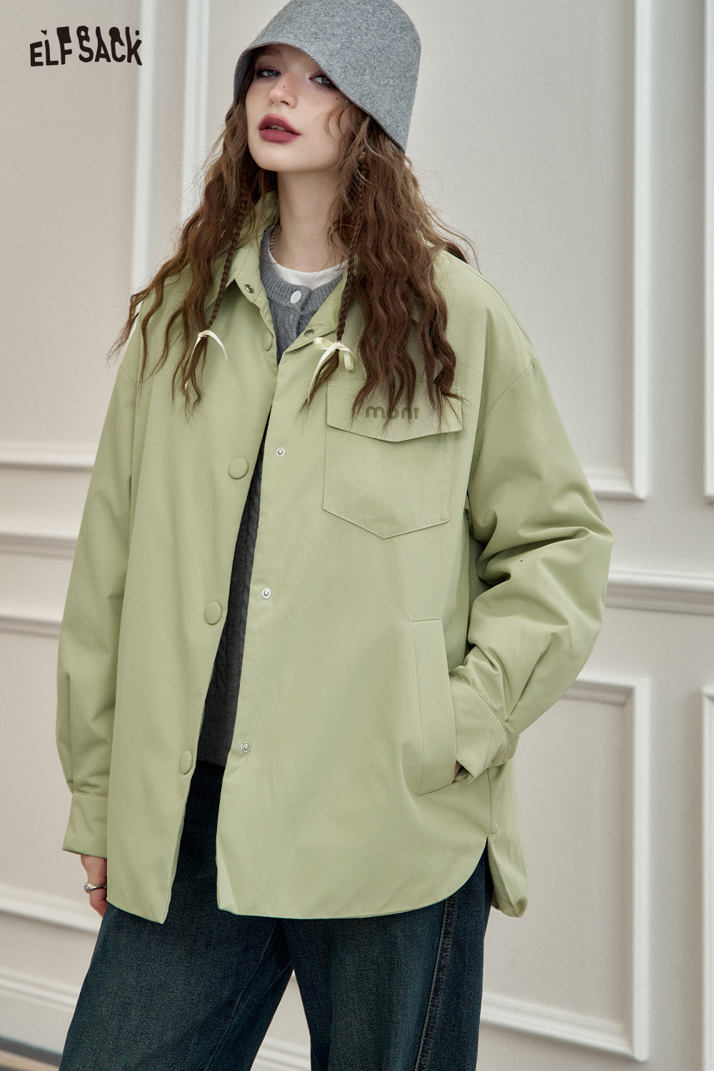 ELFSACK Lightweight Shirt-Style Down Jacket White Duck Down Casual Coat with Stylish Design