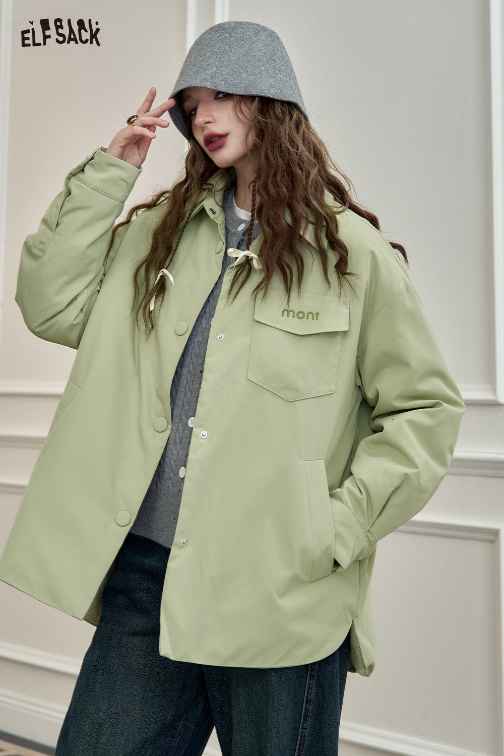ELFSACK Lightweight Shirt-Style Down Jacket White Duck Down Casual Coat with Stylish Design