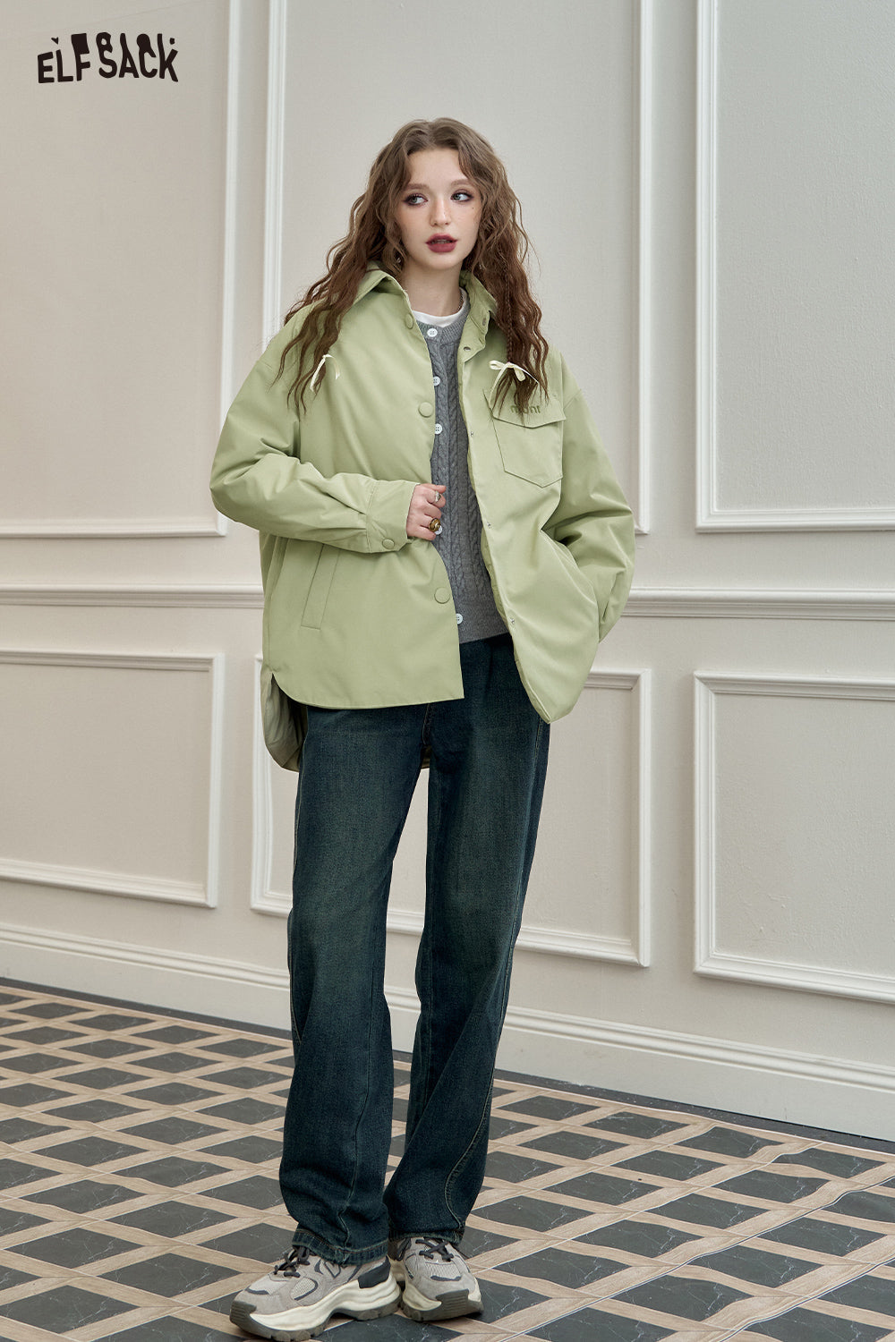 ELFSACK Lightweight Shirt-Style Down Jacket White Duck Down Casual Coat with Stylish Design