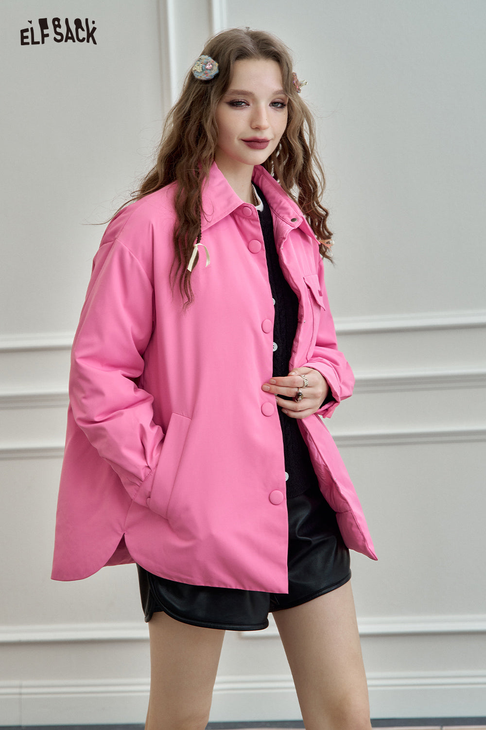 ELFSACK Lightweight Shirt-Style Down Jacket White Duck Down Casual Coat with Stylish Design