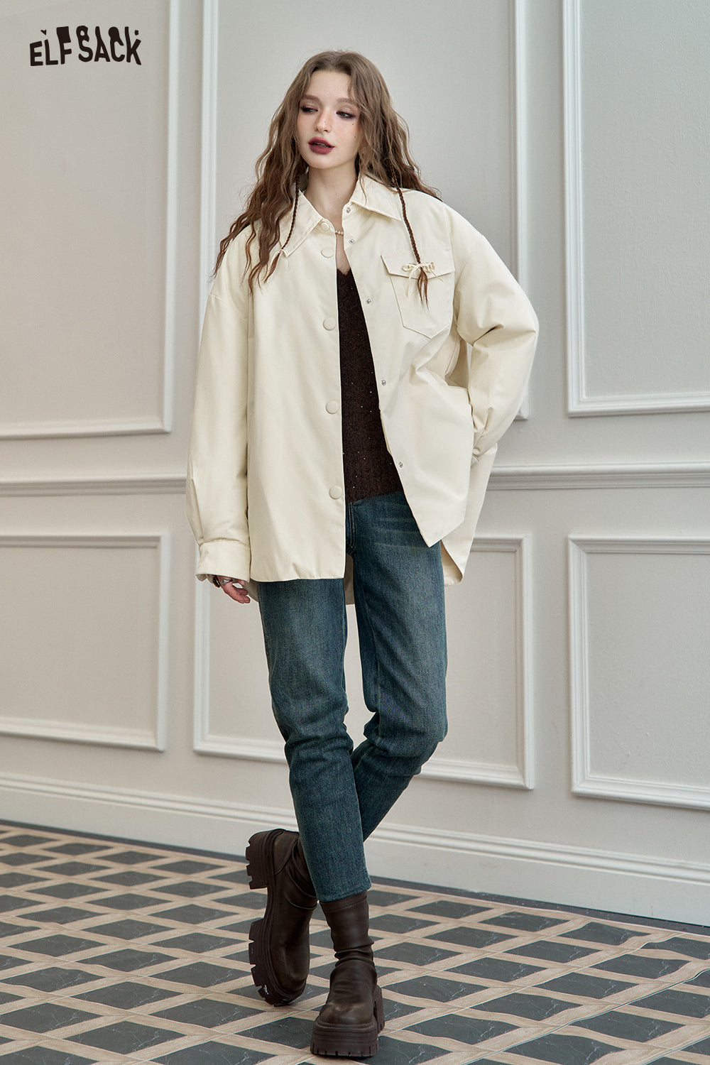ELFSACK Lightweight Shirt-Style Down Jacket White Duck Down Casual Coat with Stylish Design