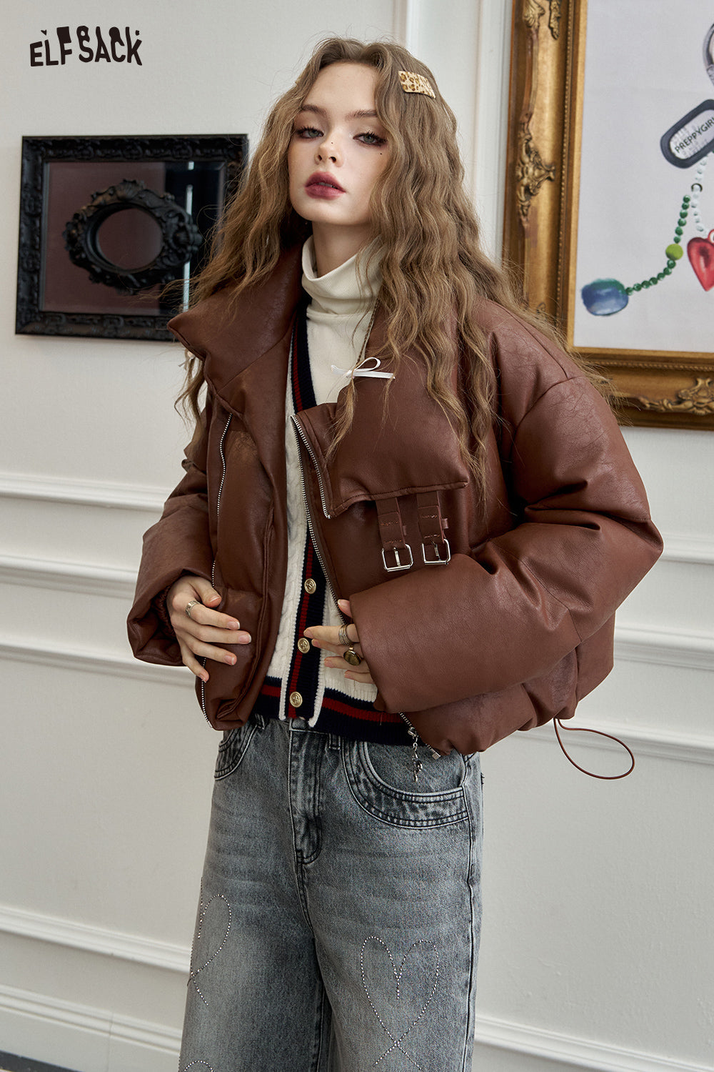 ELFSACK Sweet and cool PU leather short down jacket with stand-up collar and oblique zipper design for warm coat