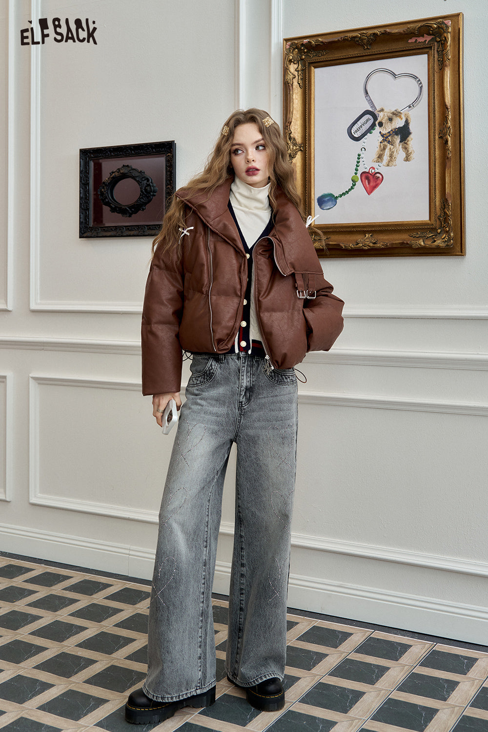 ELFSACK Sweet and cool PU leather short down jacket with stand-up collar and oblique zipper design for warm coat