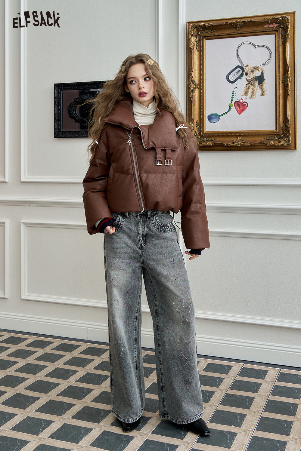 ELFSACK Sweet and cool PU leather short down jacket with stand-up collar and oblique zipper design for warm coat