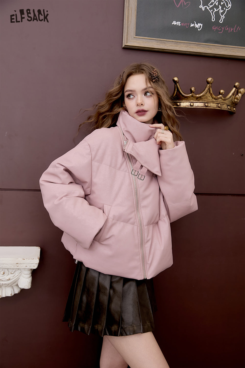 ELFSACK Sweet and cool PU leather short down jacket with stand-up collar and oblique zipper design for warm coat