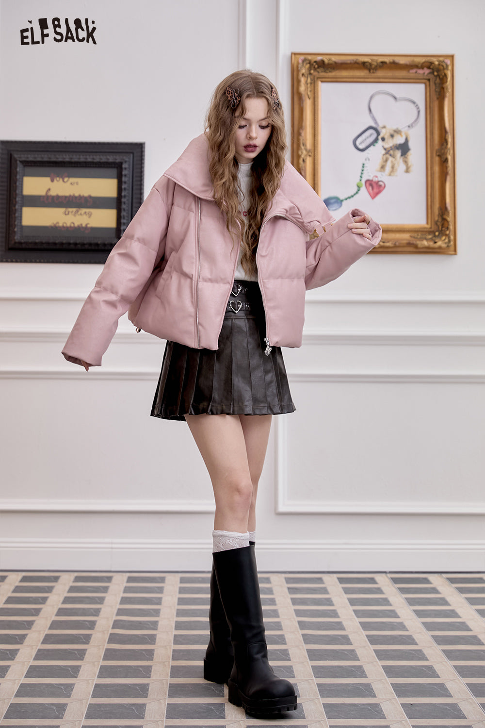 ELFSACK Sweet and cool PU leather short down jacket with stand-up collar and oblique zipper design for warm coat