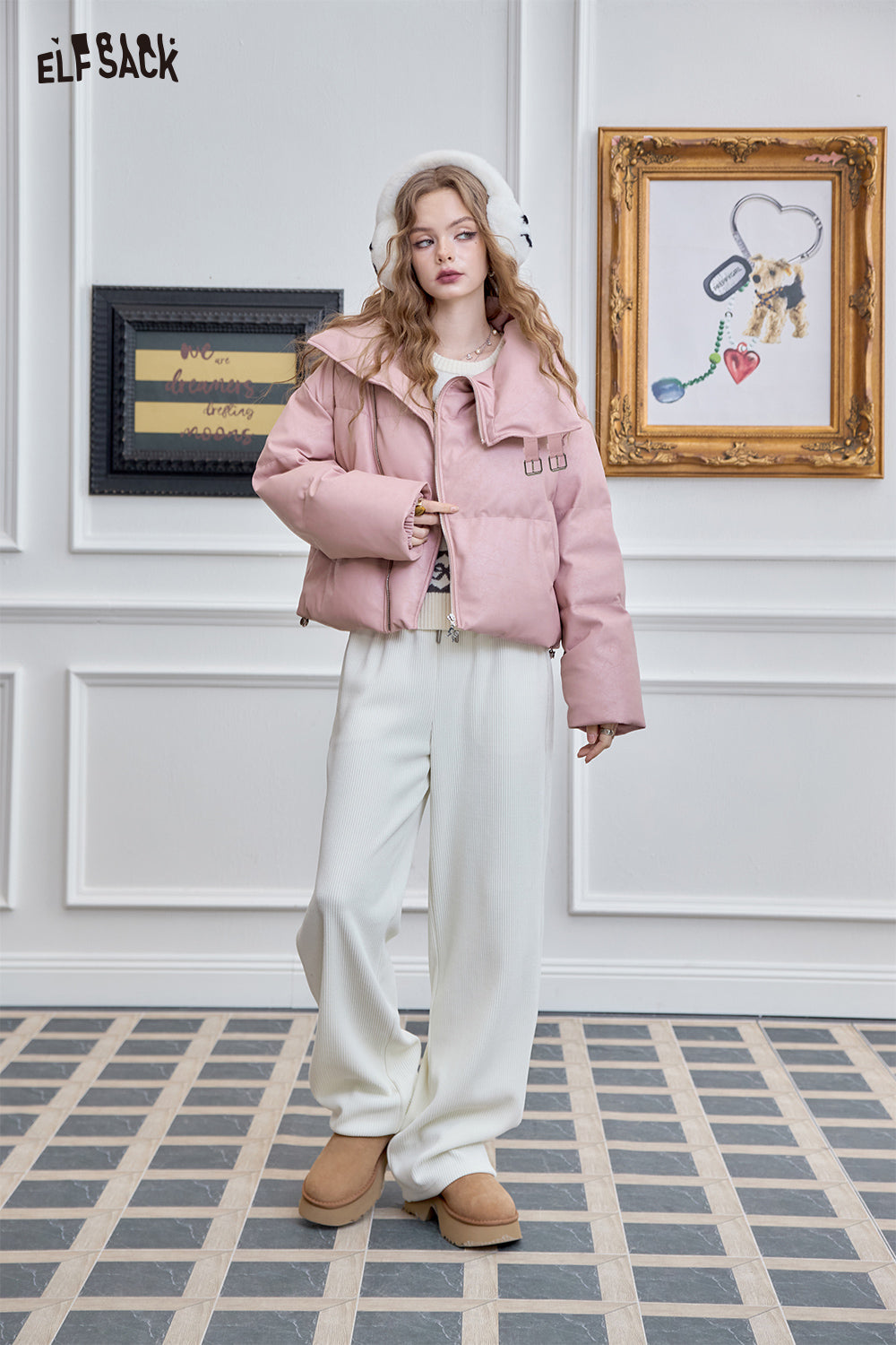 ELFSACK Sweet and cool PU leather short down jacket with stand-up collar and oblique zipper design for warm coat