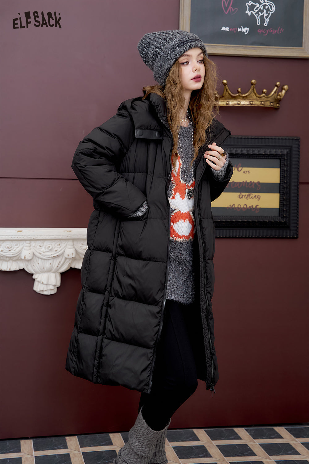 ELFSACK Simple hooded long down jacket loose straight thick warm coat