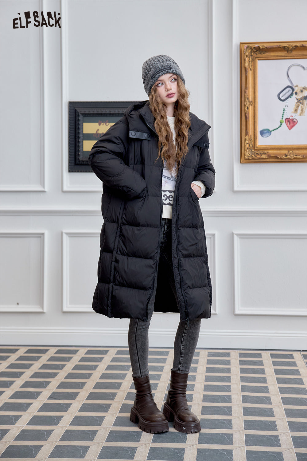 ELFSACK Simple hooded long down jacket loose straight thick warm coat
