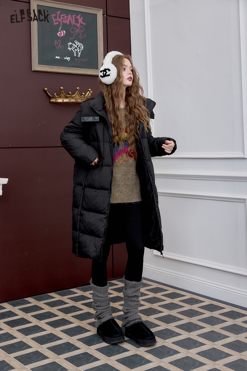 ELFSACK Simple hooded long down jacket loose straight thick warm coat