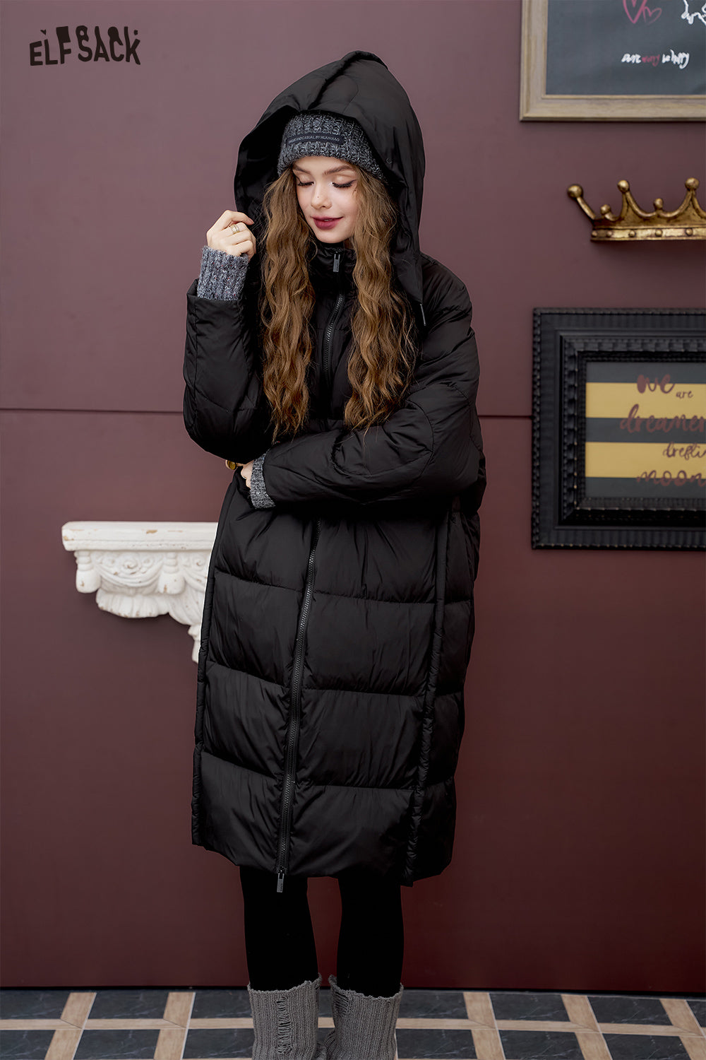 ELFSACK Simple hooded long down jacket loose straight thick warm coat