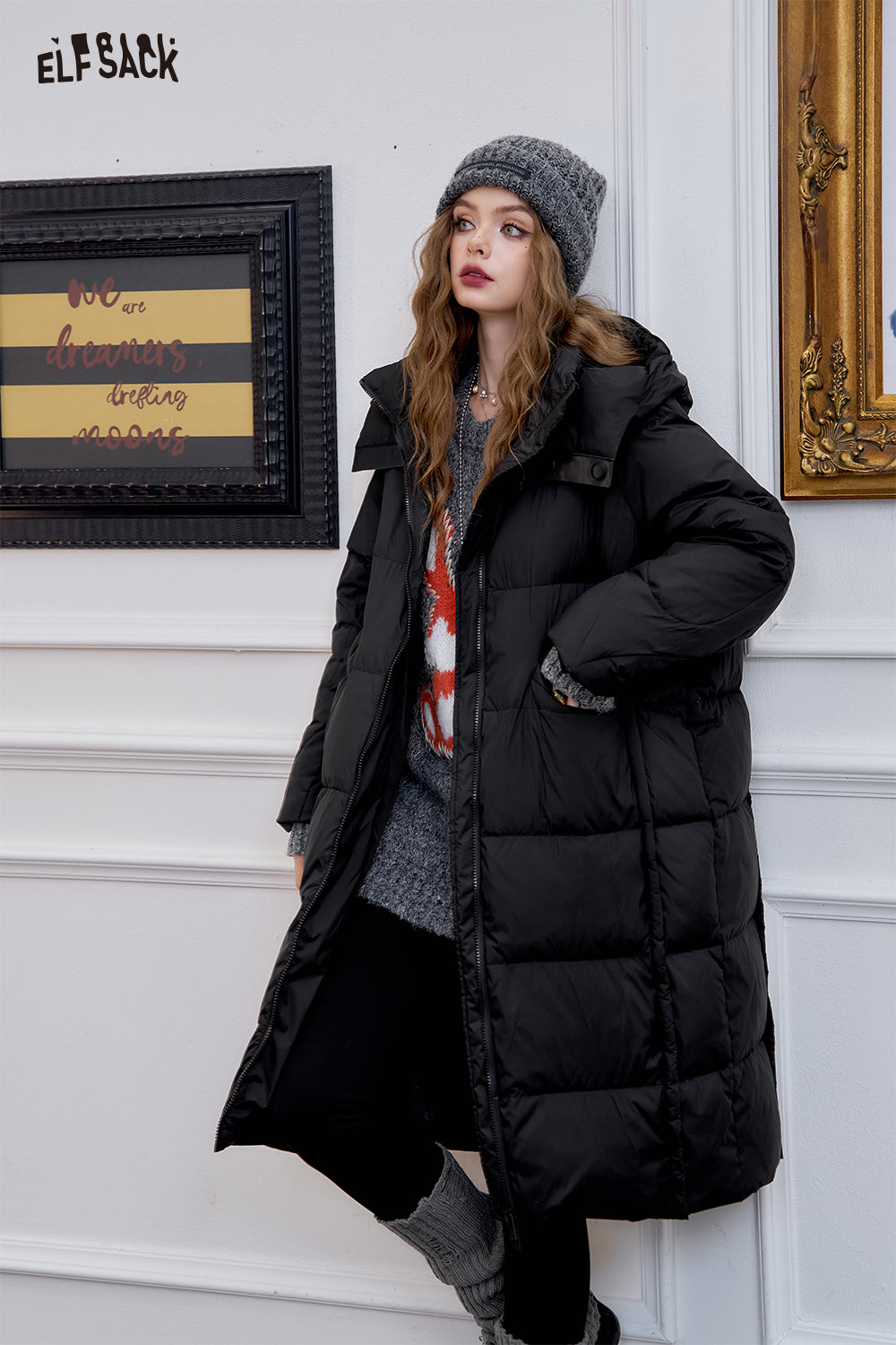 ELFSACK Simple hooded long down jacket loose straight thick warm coat
