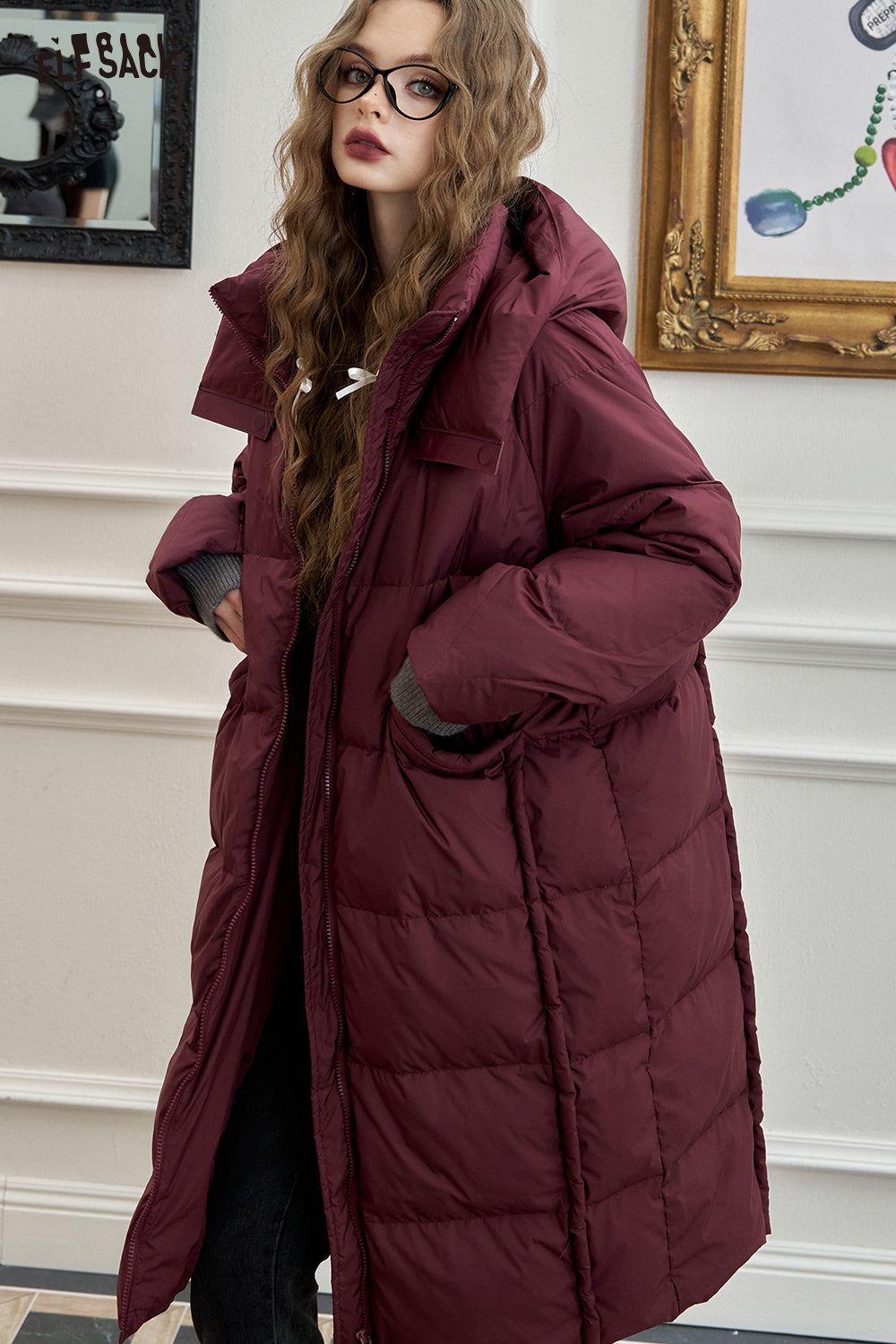 ELFSACK Simple hooded long down jacket loose straight thick warm coat