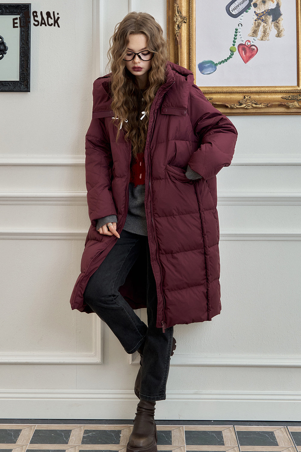 ELFSACK Simple hooded long down jacket loose straight thick warm coat