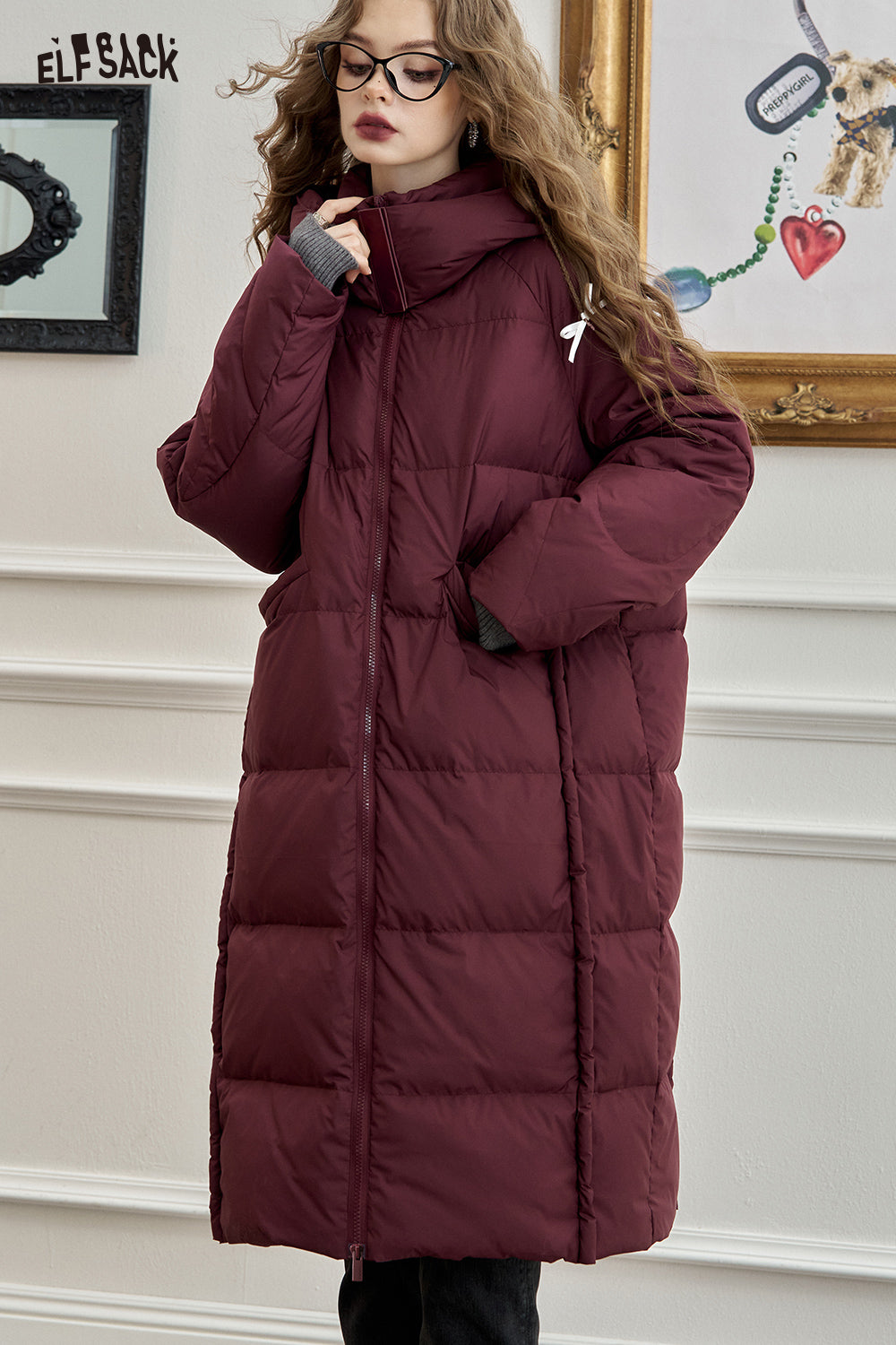 ELFSACK Simple hooded long down jacket loose straight thick warm coat