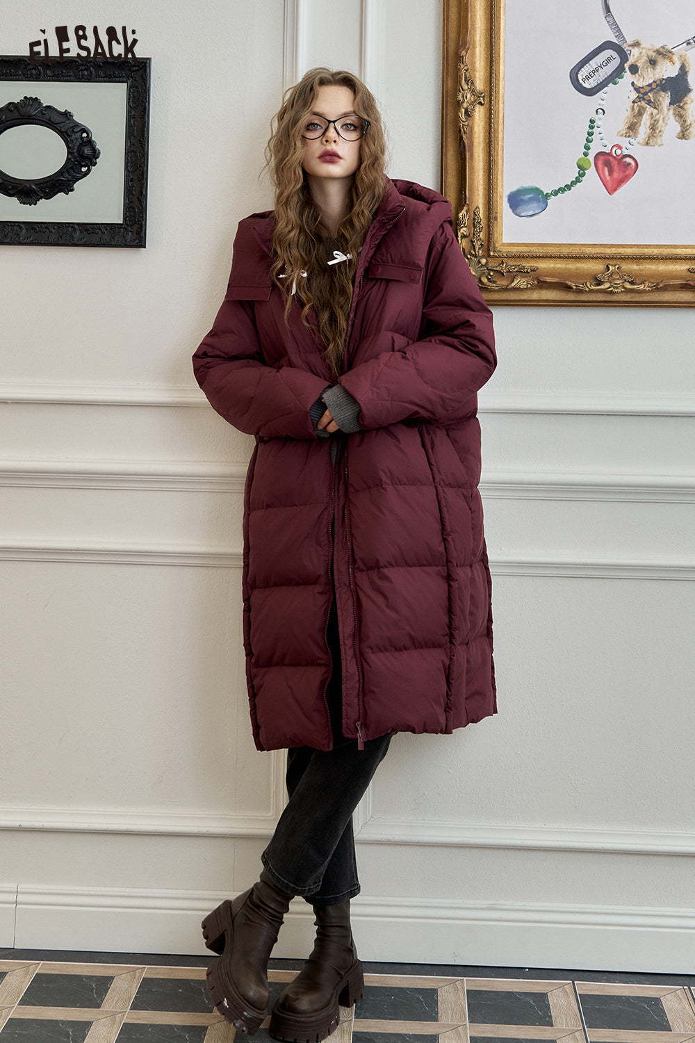 ELFSACK Simple hooded long down jacket loose straight thick warm coat
