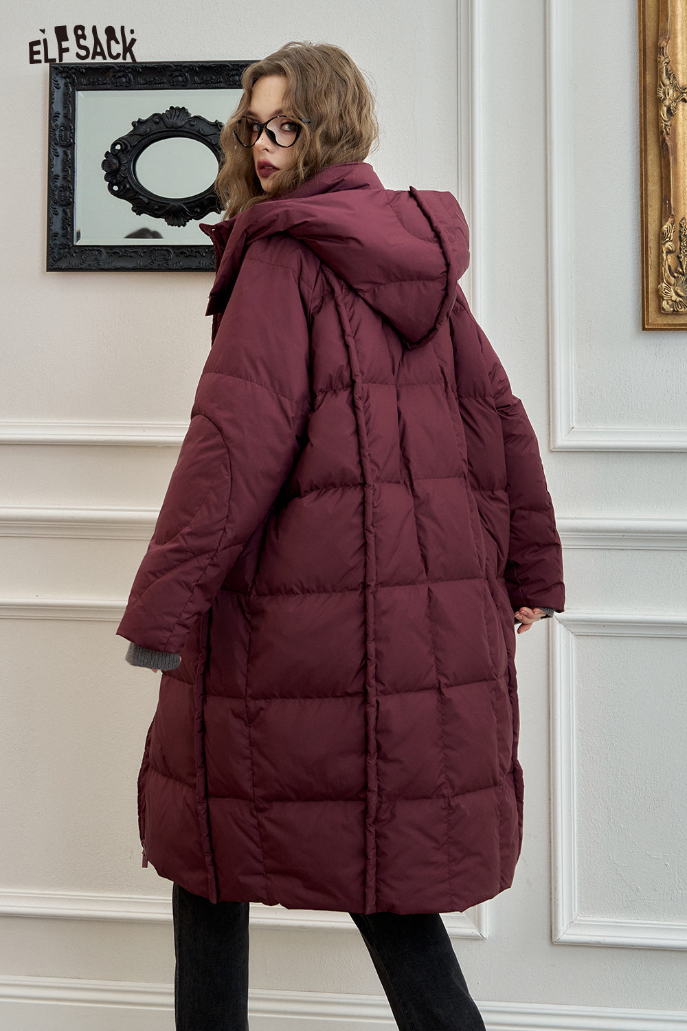 ELFSACK Simple hooded long down jacket loose straight thick warm coat