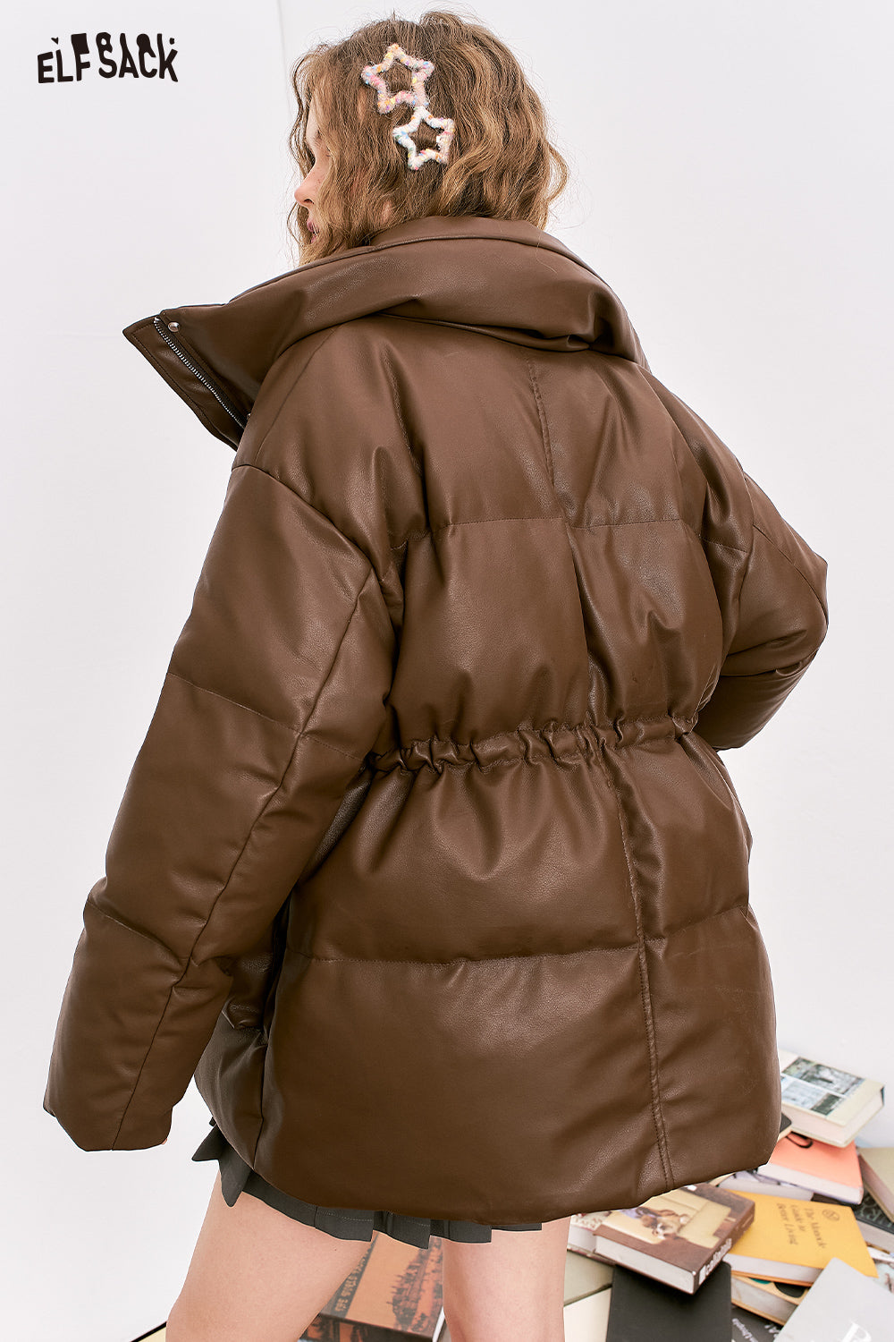 ELFSACK Maillard retro PU leather waisted stand collar down jacket