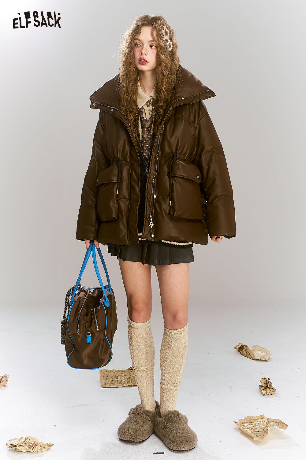 ELFSACK Maillard retro PU leather waisted stand collar down jacket