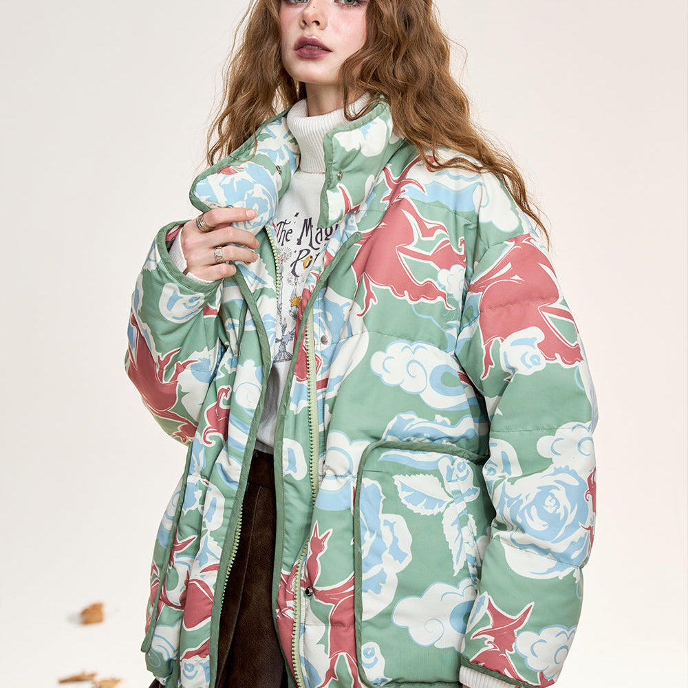 ELFSACK 2024 Winter New Arrivals Fashionable and trendy witch full print short down jacket for women