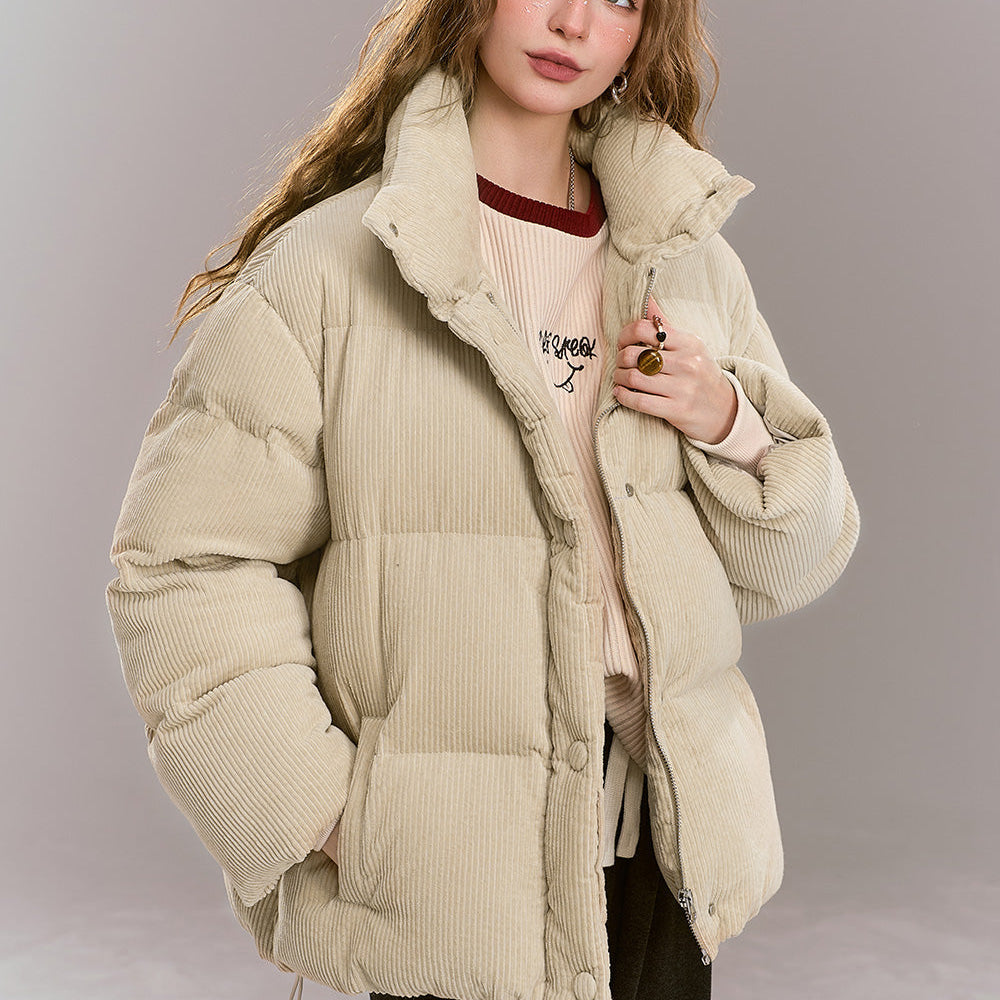 ELFSACK 2024 Winter New Arrivals Retro casual short down jacket, stand-up collar, dropped shoulders, corduroy, thick and warm