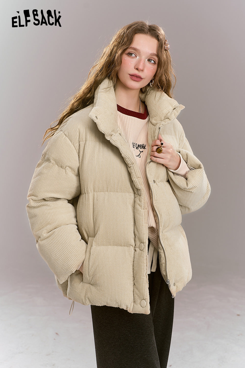 ELFSACK Retro casual short down jacket, stand-up collar, dropped shoulders, corduroy, thick and warm