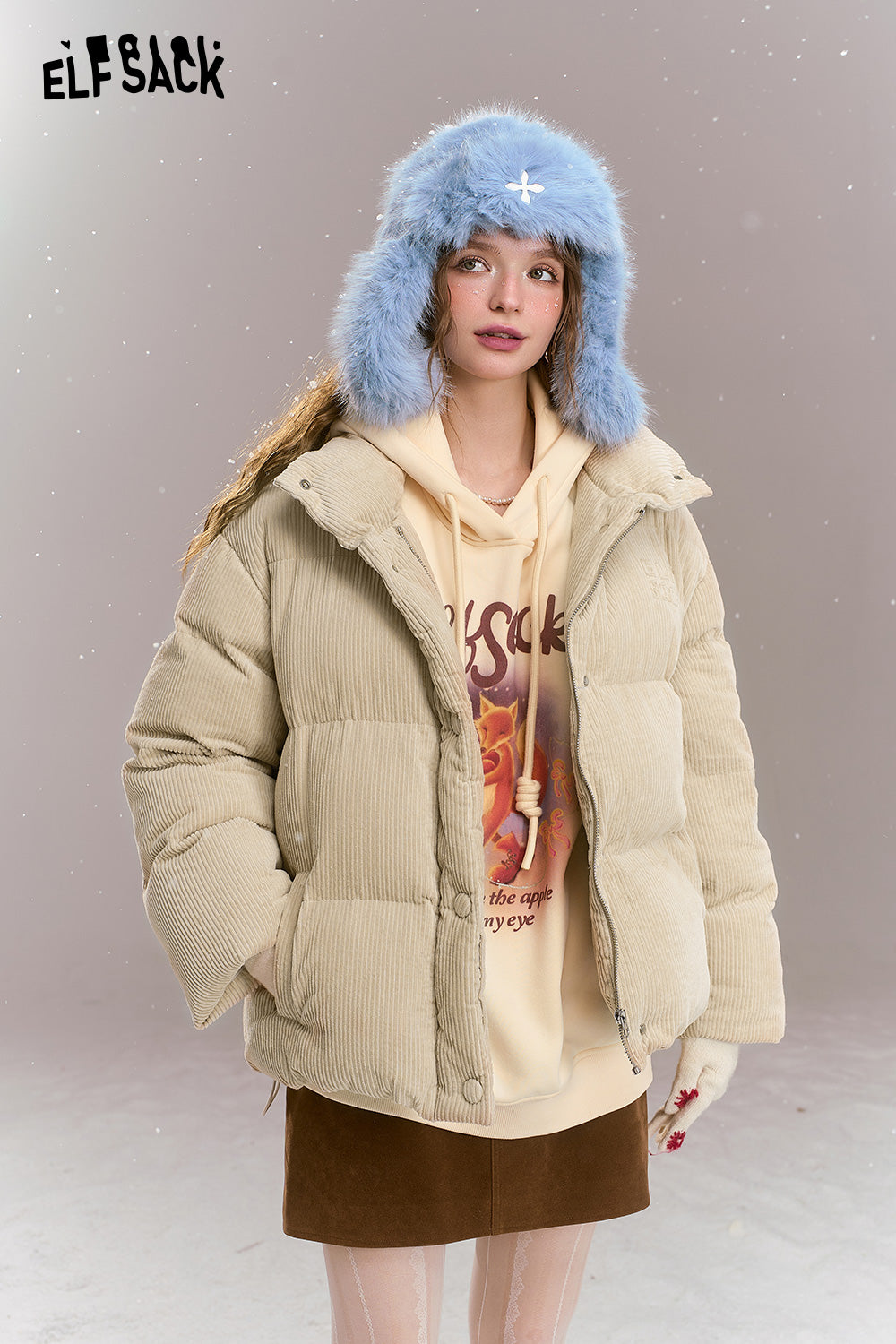 ELFSACK Retro casual short down jacket, stand-up collar, dropped shoulders, corduroy, thick and warm