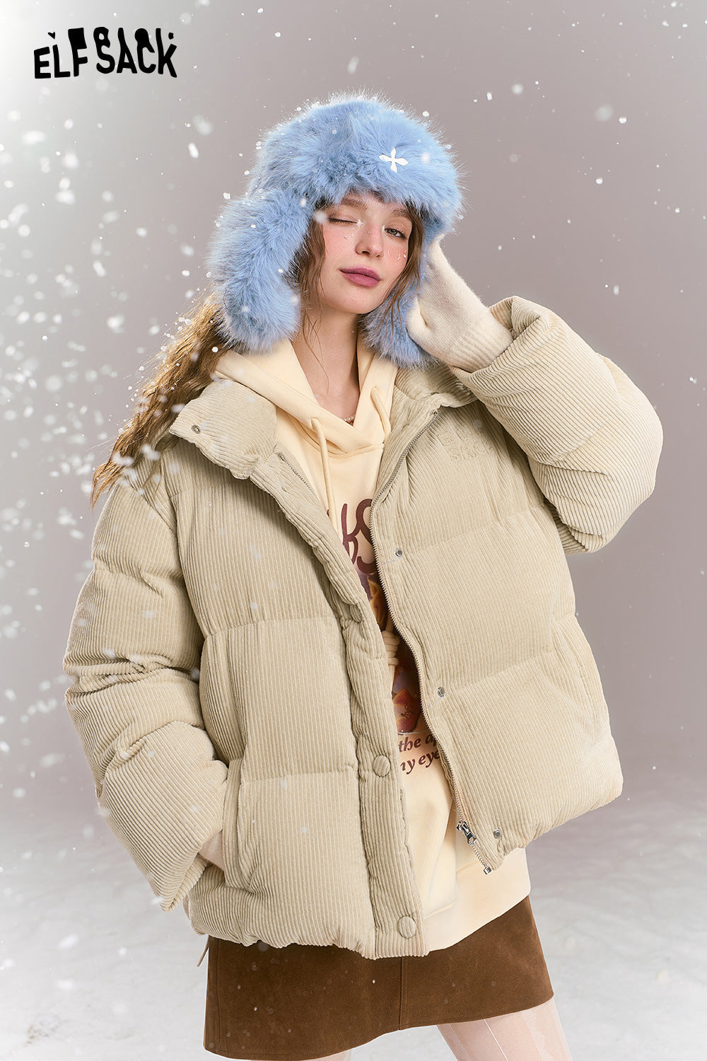 ELFSACK Retro casual short down jacket, stand-up collar, dropped shoulders, corduroy, thick and warm