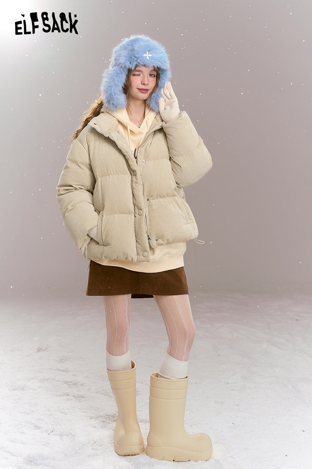 ELFSACK Retro casual short down jacket, stand-up collar, dropped shoulders, corduroy, thick and warm
