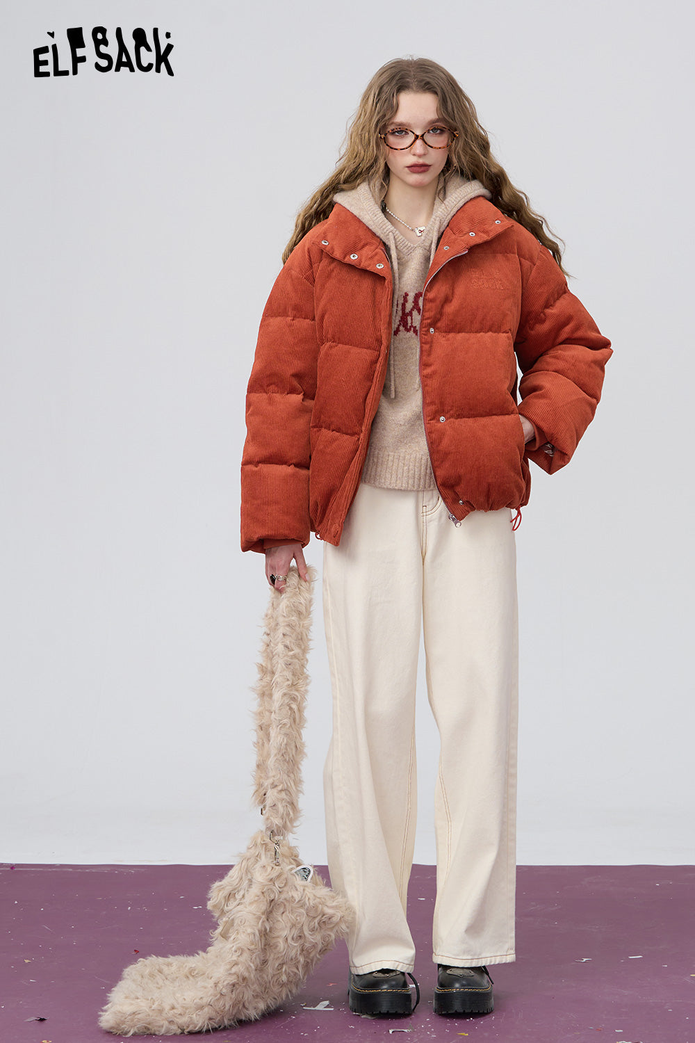 ELFSACK Retro casual short down jacket, stand-up collar, dropped shoulders, corduroy, thick and warm
