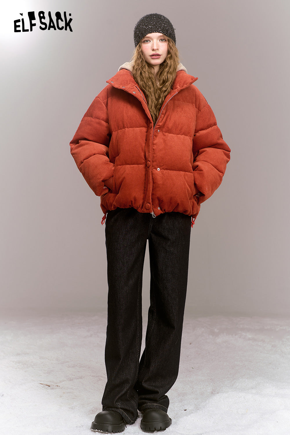 ELFSACK Retro casual short down jacket, stand-up collar, dropped shoulders, corduroy, thick and warm
