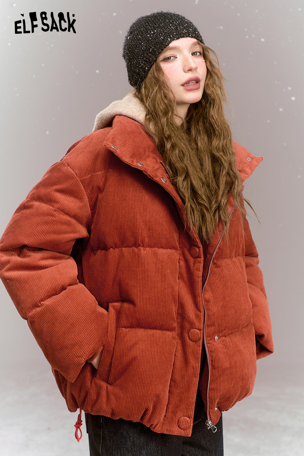 ELFSACK Retro casual short down jacket, stand-up collar, dropped shoulders, corduroy, thick and warm