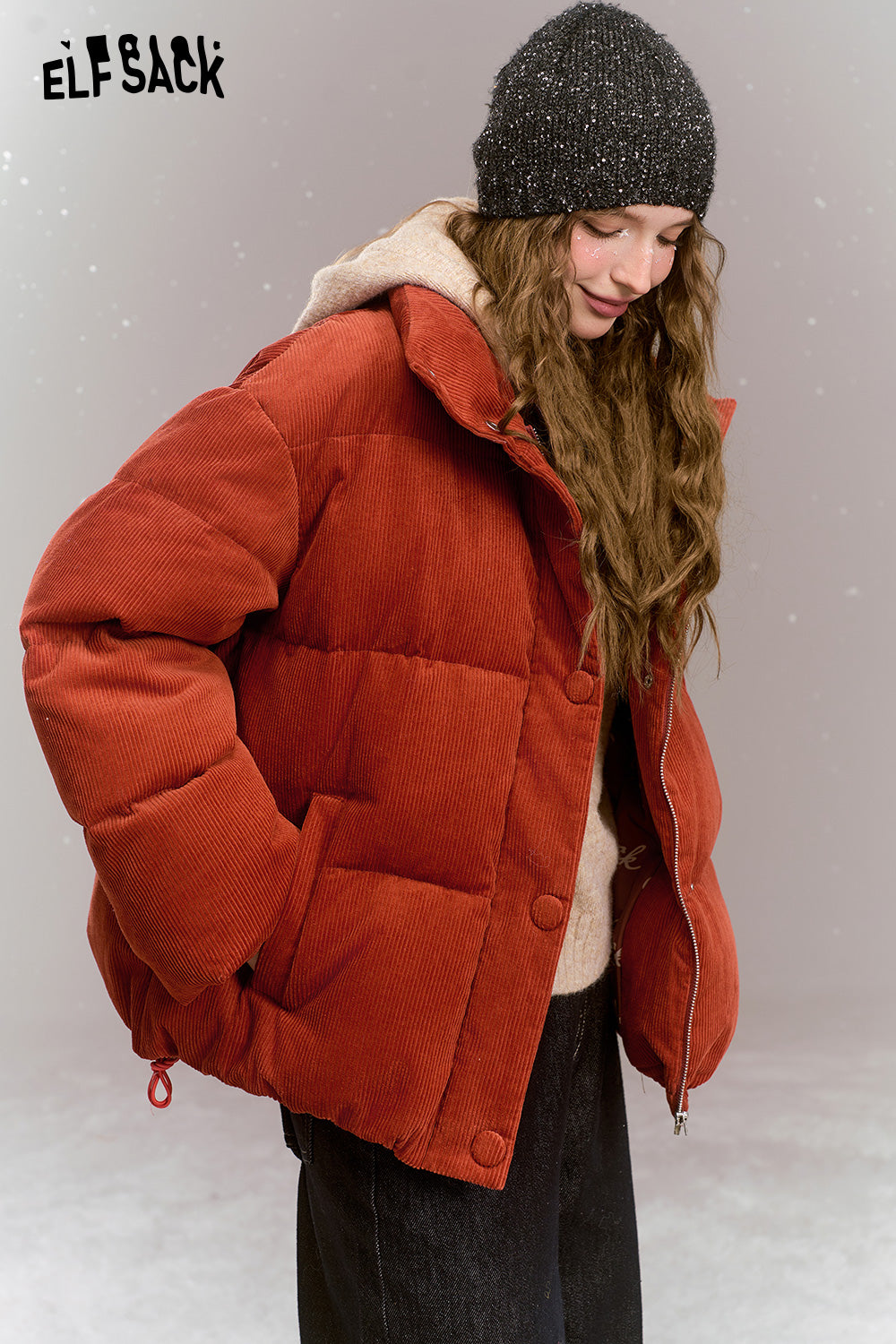 ELFSACK Retro casual short down jacket, stand-up collar, dropped shoulders, corduroy, thick and warm